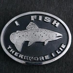 Belt Buckle I Fish Therefore I Lie with Trout Design Oval Metal 3.5 x 2.5 in
